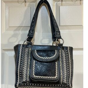 Western Tooled Black Leather Studded Shoulder Bag Floral Embossed Tote